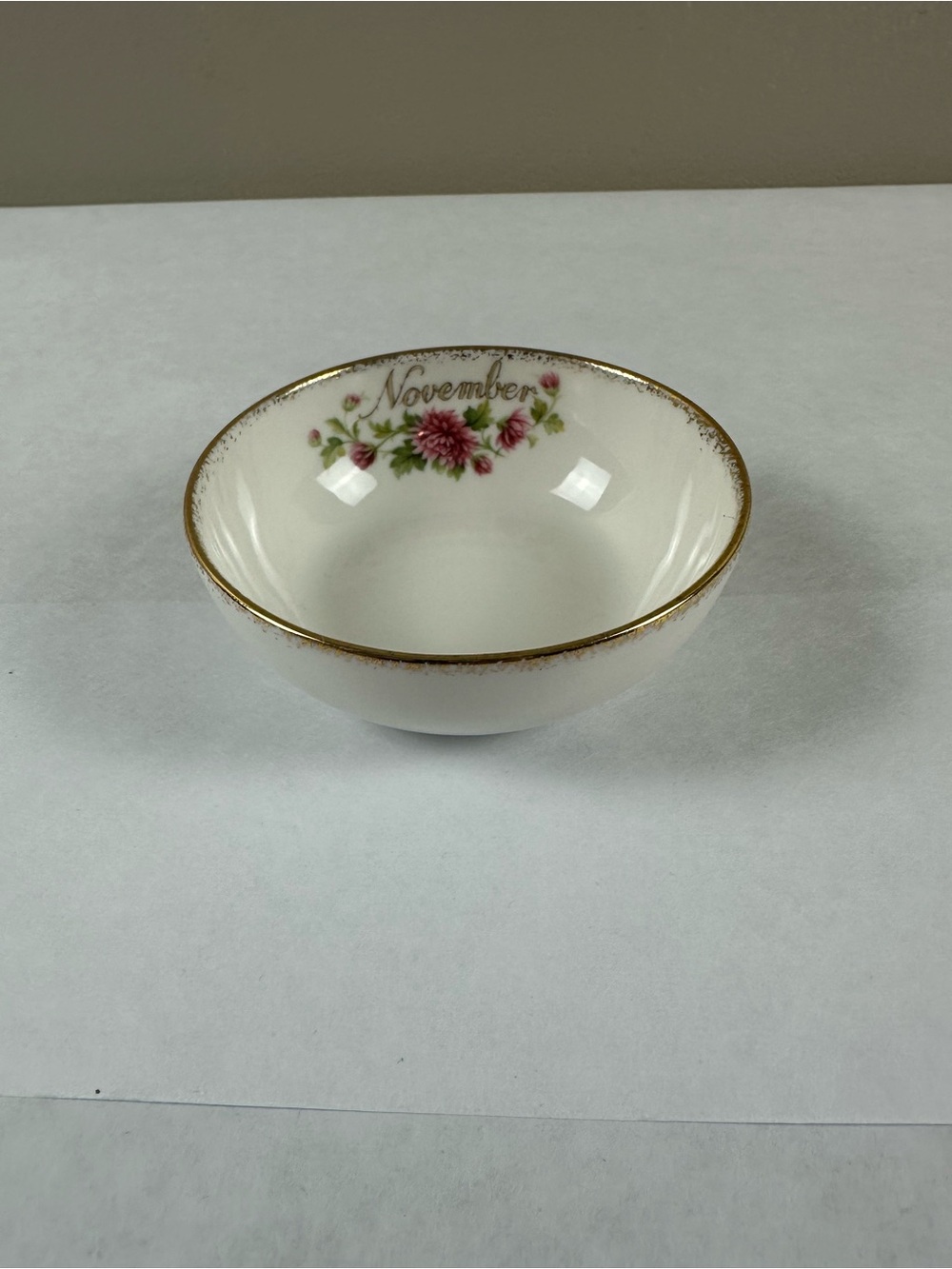 Royal Albert White Porcelain Bowl with Pink Floral and Gold Trim- November